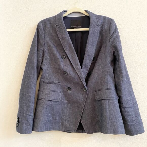 Banana Republic Sz 6 Peak Lapel Double Breasted Linen Blend Blazer Navy‎ Blue - Picture 8 of 12